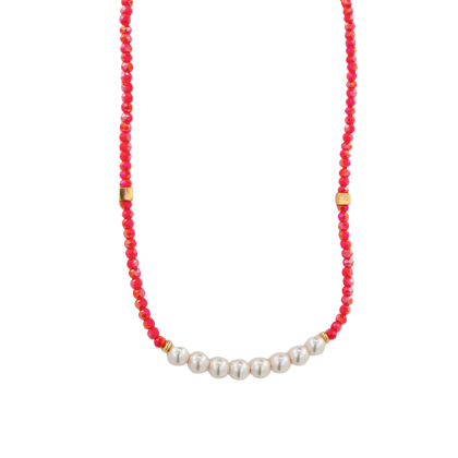 Collar Piedra Roja + Perlas 40cm + alargue