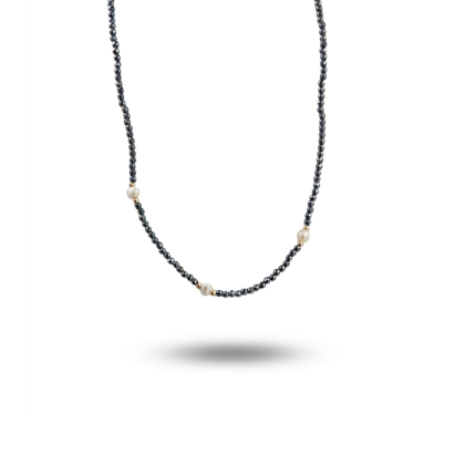 Collar Piedra Gris + Perlas 40cm + alargue